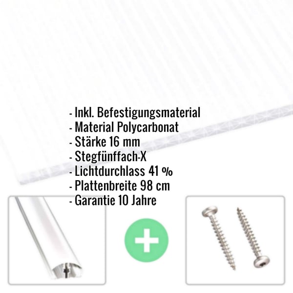 Polycarbonat Stegplatte | 16 mm | Profil A4 | Sparpaket | Plattenbreite 98 cm | Opal-Weiß | X-Struktur | Breite 4,09 m | Länge 4,00 m