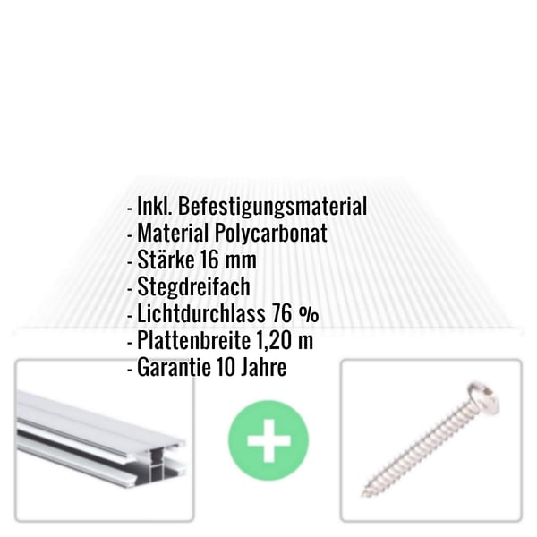 Polycarbonat Stegplatte | 16 mm | Profil DUO | Sparpaket | Plattenbreite 1,20 m | Klar | Breite 7,44 m | Länge 4,00 m