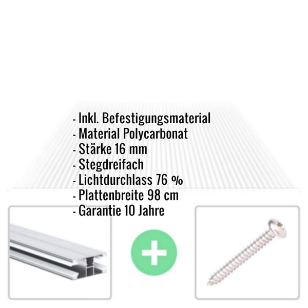 Polycarbonat Stegplatte | 16 mm | Profil DUO | Sparpaket | Plattenbreite 98 cm | Klar | Breite 5,11 m | Länge 7,00 m