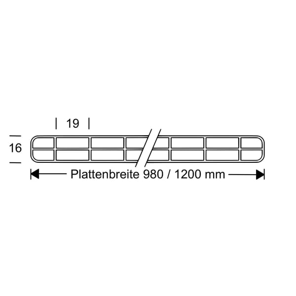 Technische Zeichnung der Polycarbonat Stegplatte 16 mm mit 19 mm Stegabstand und Plattenbreite 980/1200 mm