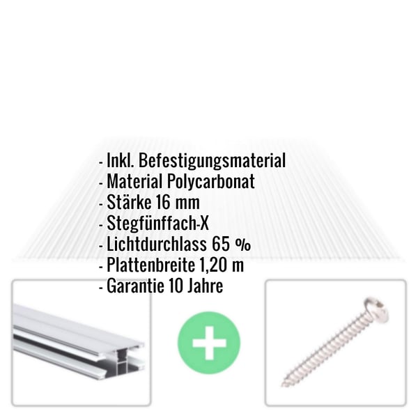 Polycarbonat Stegplatte 16 mm klar, mit eingeblendeten Eckdaten und Befestigungsmaterial