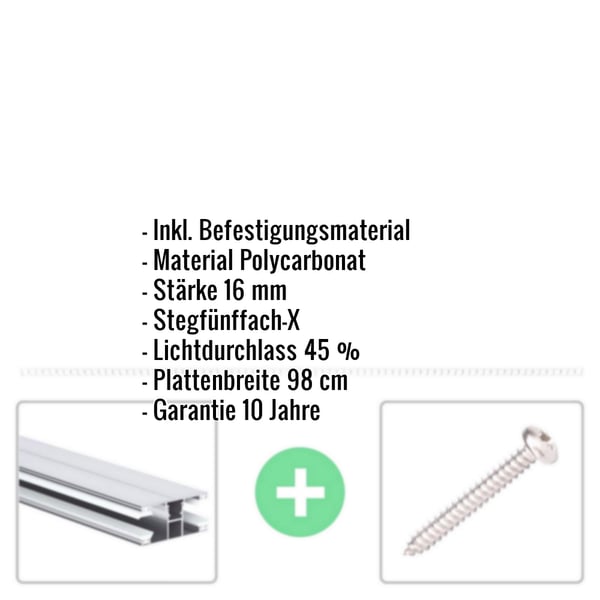 Polycarbonat Stegplatte | 16 mm | Profil DUO | Sparpaket | Plattenbreite 98 cm | Opal Weiß | X-Struktur | Breite 5,11 m | Länge 6,00 m