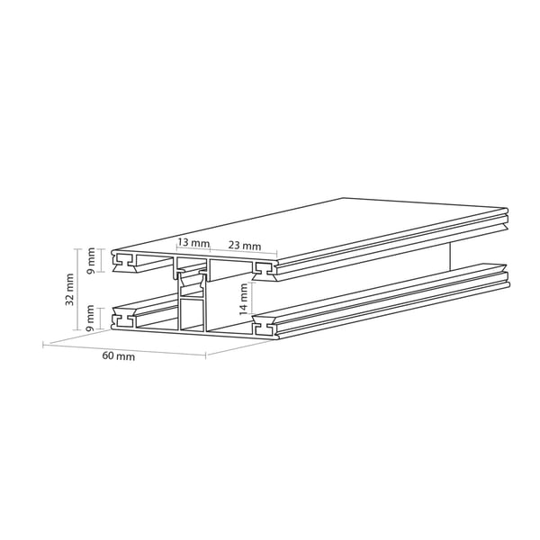 Technische Zeichnung eines Aluminium Profils für Stegplatten mit Massangaben 60 mm Breite und 32 mm Höhe