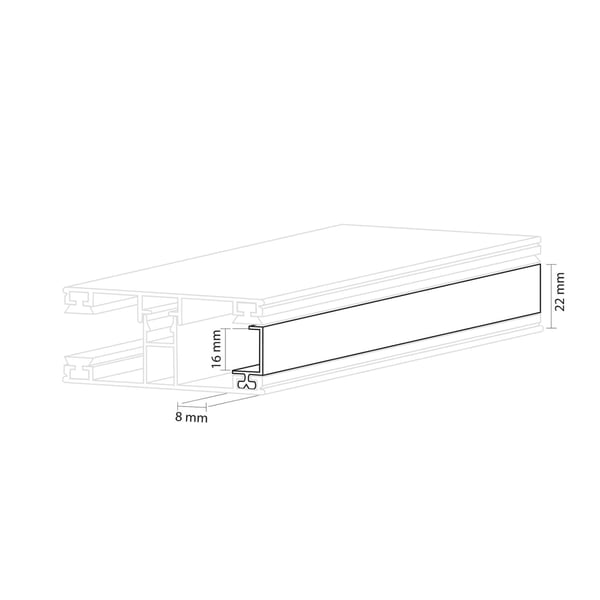 Technische Zeichnung eines Aluminium Profils für Stegplatten mit Massangaben 8 mm und 16 mm