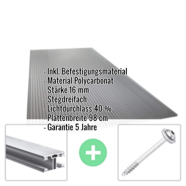 Polycarbonat Stegplatte | 16 mm | Profil ECO | Sparpaket | Plattenbreite 98 cm | Anthrazitgrau | Novalite | Breite 9,05 m | Länge 3,50 m