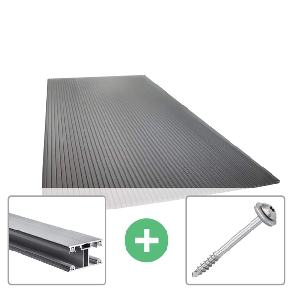 Polycarbonat Stegplatte | 16 mm | Profil ECO | Sparpaket | Plattenbreite 98 cm | Anthrazitgrau | Novalite | Breite 9,05 m | Länge 3,50 m
