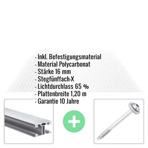 Infografik: Eckdaten der Polycarbonat Stegplatte 16 mm mit Befestigungsmaterial und Schraube