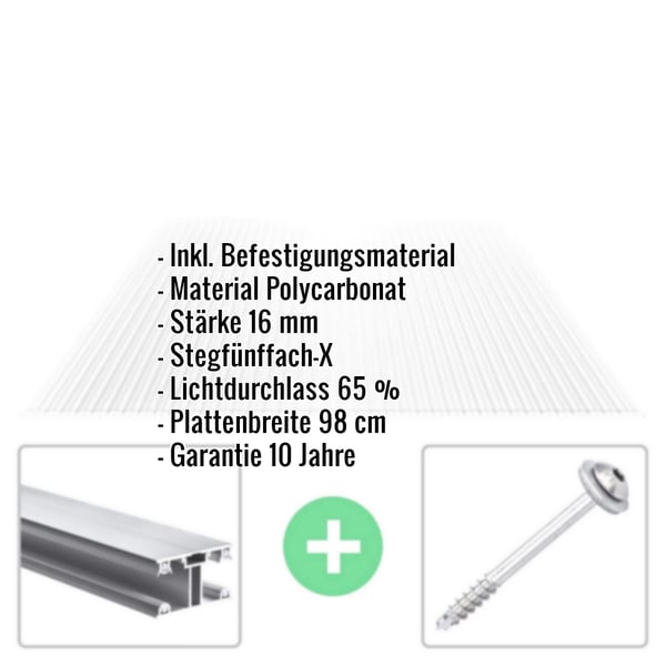 Polycarbonat Stegplatte | 16 mm | Profil ECO | Sparpaket | Plattenbreite 98 cm | Klar | X-Struktur | Breite 8,05 m | Länge 2,00 m