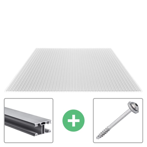 Polycarbonat Stegplatte | 16 mm | Profil ECO | Sparpaket | Plattenbreite 98 cm | Klar | X-Struktur | Breite 8,05 m | Länge 2,00 m