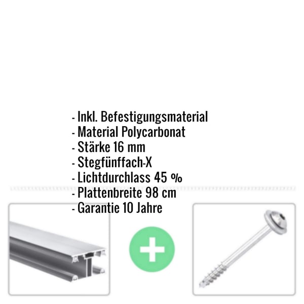 Polycarbonat Stegplatte | 16 mm | Profil ECO | Sparpaket | Plattenbreite 98 cm | Opal Weiß | X-Struktur | Breite 3,05 m | Länge 4,00 m