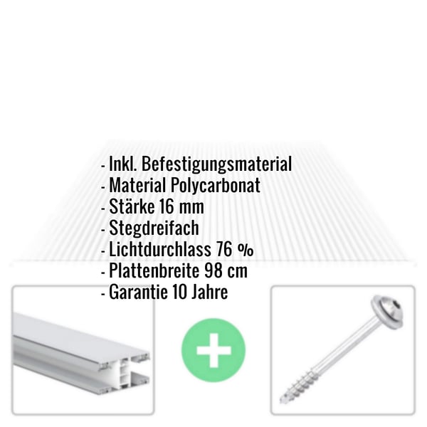 Polycarbonat Stegplatte | 16 mm | Profil Mendiger | Sparpaket | Plattenbreite 98 cm | Klar | Breite 4,10 m | Länge 4,50 m