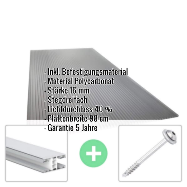 Polycarbonat Stegplatte | 16 mm | Profil Mendiger | Sparpaket | Plattenbreite 98 cm | Anthrazitgrau | Novalite | Breite 5,11 m | Länge 7,00 m