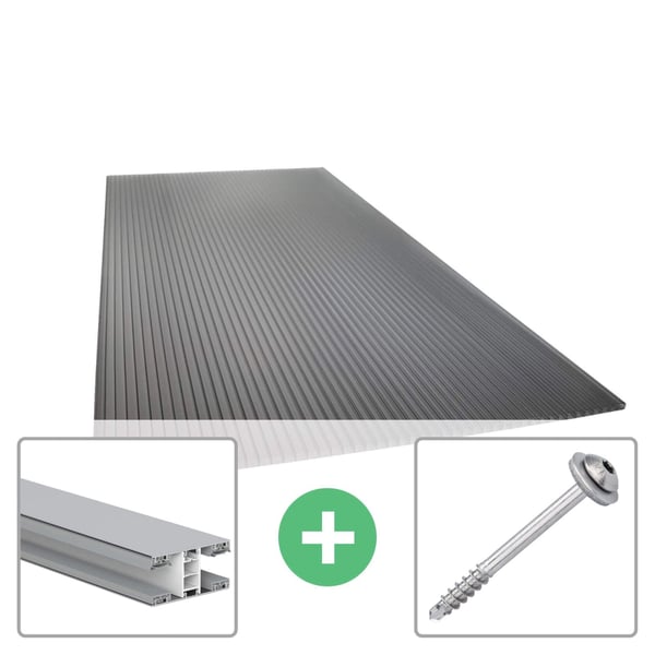 Polycarbonat Stegplatte | 16 mm | Profil Mendiger | Sparpaket | Plattenbreite 98 cm | Anthrazitgrau | Novalite | Breite 5,11 m | Länge 7,00 m