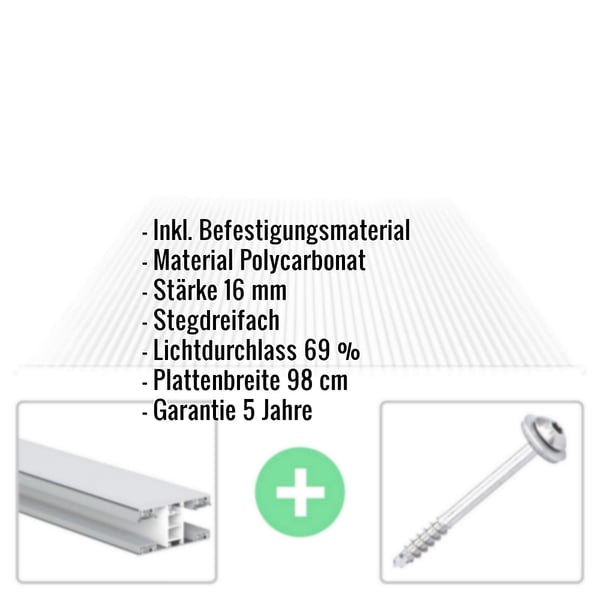Polycarbonat Stegplatte | 16 mm | Profil Mendiger | Sparpaket | Plattenbreite 98 cm | Klar | Novalite | Breite 8,14 m | Länge 2,50 m