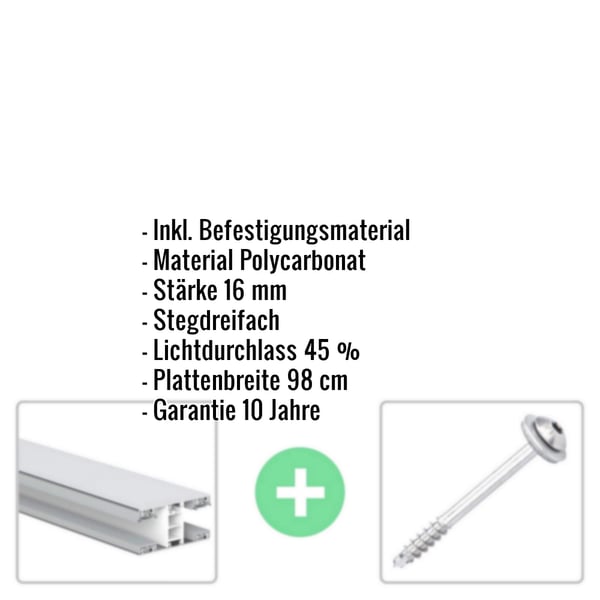Polycarbonat Stegplatte | 16 mm | Profil Mendiger | Sparpaket | Plattenbreite 98 cm | Opal Weiß | Breite 5,11 m | Länge 4,00 m