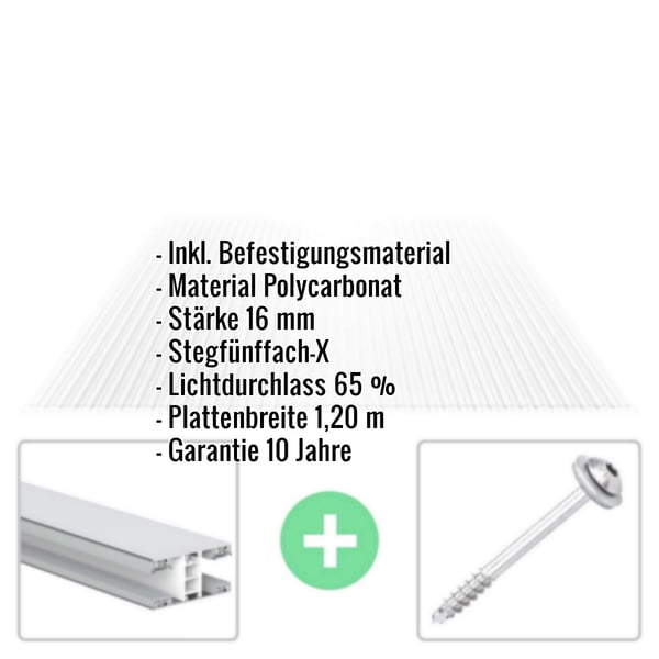 Polycarbonat Stegplatte | 16 mm | Profil Mendiger | Sparpaket | Plattenbreite 1,20 m | Klar | X-Struktur | Breite 4,98 m | Länge 7,00 m