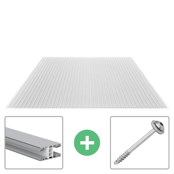 Polycarbonat Stegplatte | 16 mm | Profil Mendiger | Sparpaket | Plattenbreite 98 cm | Klar | X-Struktur | Breite 5,11 m | Länge 6,00 m