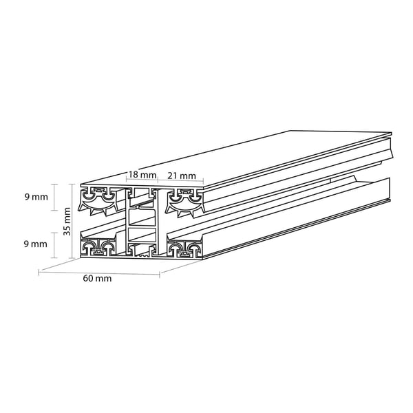 Technische Zeichnung eines Aluminiumprofils mit Massangaben 18 mm, 21 mm, 9 mm, 35 mm, 60 mm