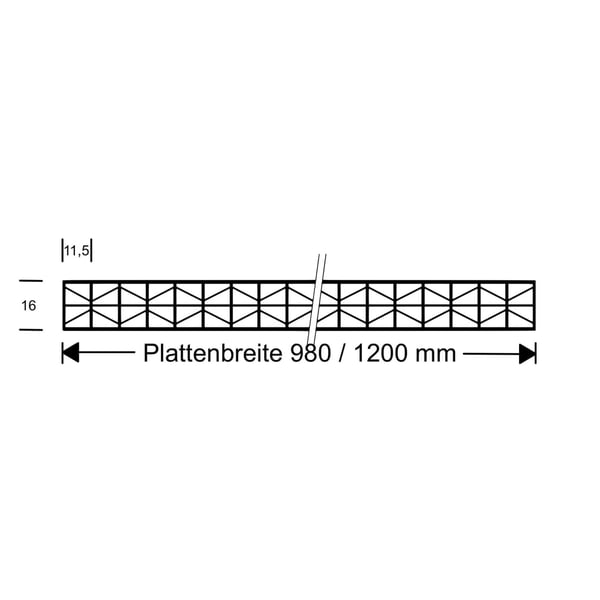 Technische Zeichnung der 16 mm Polycarbonat Stegplatte mit X-Struktur und Plattenbreite 980/1200 mm