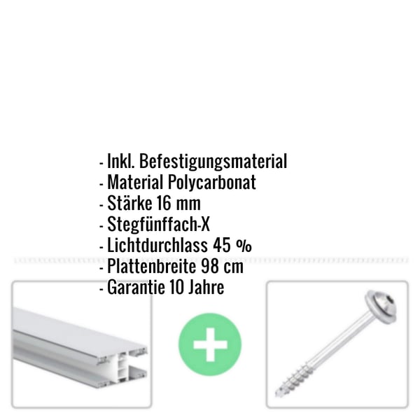 Polycarbonat Stegplatte | 16 mm | Profil Mendiger | Sparpaket | Plattenbreite 98 cm | Opal Weiß | X-Struktur | Breite 5,11 m | Länge 4,50 m
