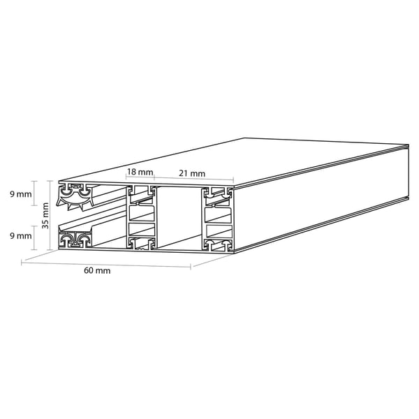 Technische Zeichnung des Aluminium Befestigungsprofils mit Massen 18 mm, 21 mm, 9 mm, 35 mm, 60 mm