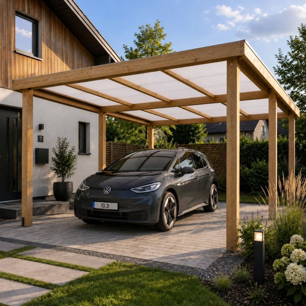 Polycarbonat Stegplatte 16 mm Opal-Weiß, Anwendungsbeispiel als Carportdach auf hellem Holzgestell