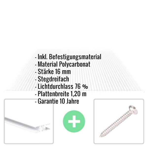 Infografik: Eckdaten der 16 mm Polycarbonat Stegplatte mit Befestigungsmaterial und 10 Jahren Garantie