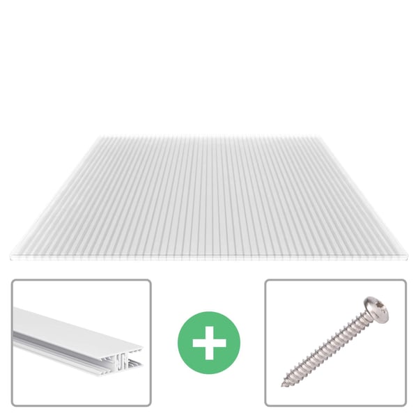 Klare 16 mm Polycarbonat Stegplatte mit Zevener Sprosse Profil, dazu Befestigungsschraube und Aluminiumprofil