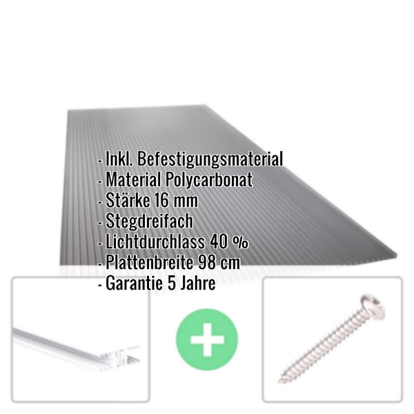 Polycarbonat Stegplatte 16 mm Anthrazit, mit eingeblendeten Eckdaten zu Material, Stärke, Lichtdurchlass und Garantie