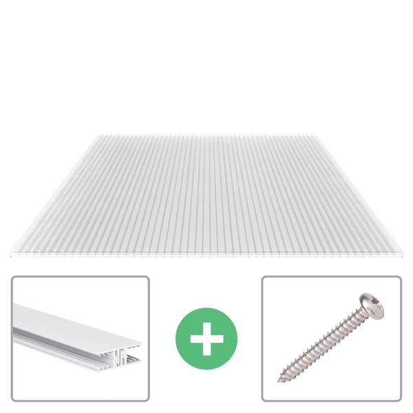 Polycarbonat Stegplatte 16 mm klar, Hauptansicht mit Befestigungsprofil und Schraube