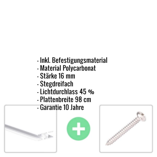 Polycarbonat Stegplatte 16 mm Opal-Weiß mit eingeblendeten Eckdaten und Befestigungsmaterial