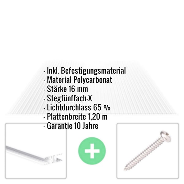 Polycarbonat Stegplatte 16 mm, klar, mit eingeblendeten Eckdaten und Befestigungsmaterial
