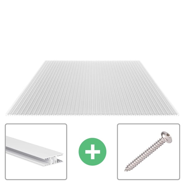 Polycarbonat Stegplatte 16 mm, klar, mit Profil und Schraube als Sparpaket