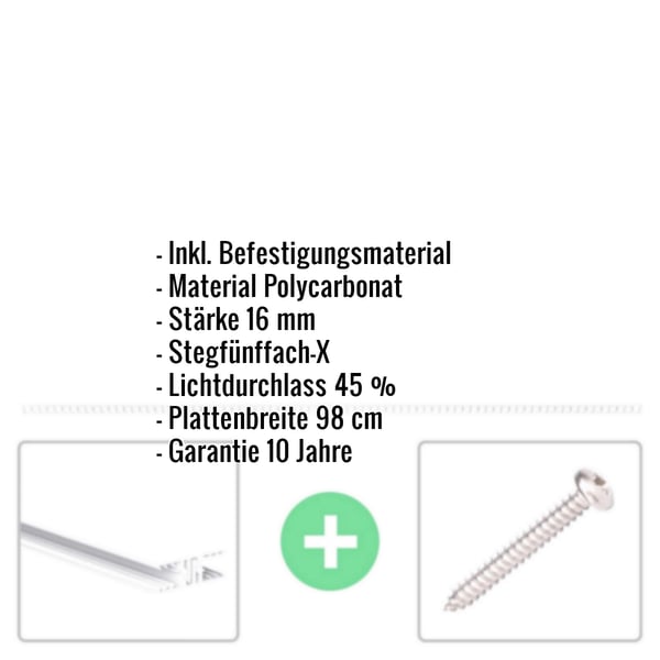 Infografik: Polycarbonat Stegplatte 16 mm Opal-Weiß mit Eckdaten und Befestigungsmaterial