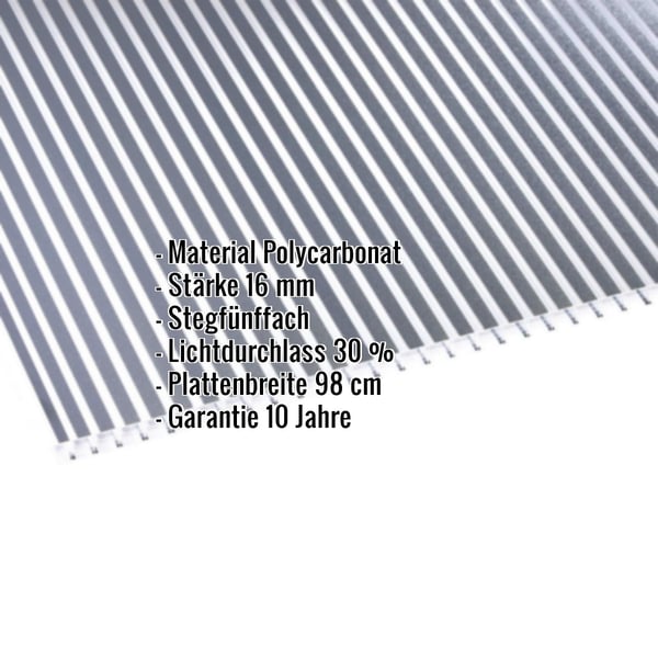 Polycarbonat Stegplatte | 16 mm | Breite 98 cm | Klar / Anthrazit gestreift | 2-Seiten UV-Schutz | 3,00 m