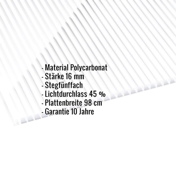 Polycarbonat Stegplatte | 16 mm | Breite 98 cm | Klar / Weiß gestreift | 2-Seiten UV-Schutz | 3,50 m
