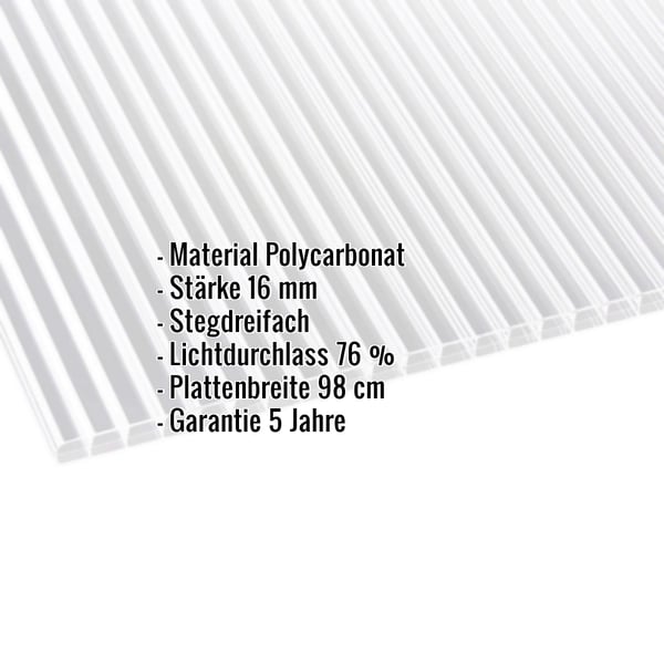 Polycarbonat Stegplatte | 16 mm | Breite 98 cm | Klar | Blueline | 5,00 m