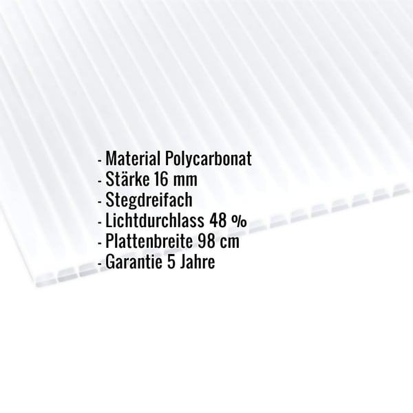 Polycarbonat Stegplatte | 16 mm | Breite 98 cm | Opal Weiß | Blueline | 3,00 m