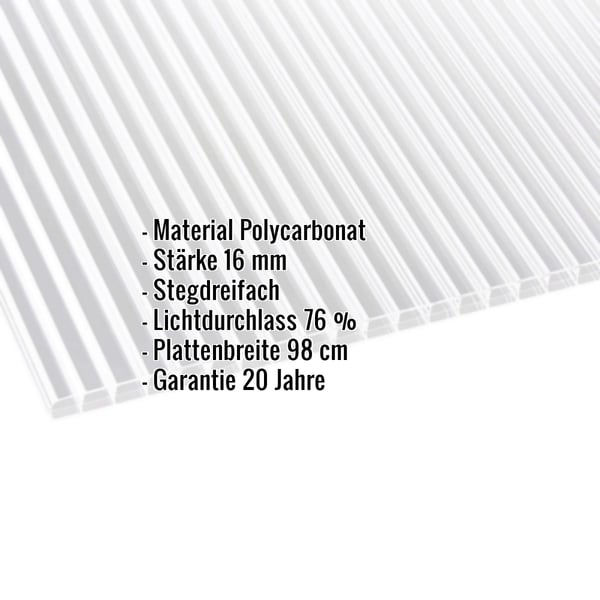 Polycarbonat Stegplatte 16 mm, klar, mit eingeblendeten Eckdaten zu Material, Stärke, Lichtdurchlass und Garantie
