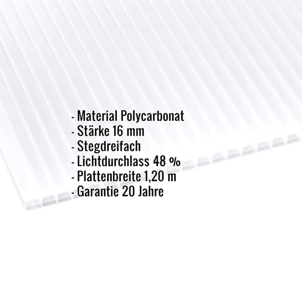 Polycarbonat Stegplatte 16 mm Opal-Weiß, Scobalit, mit eingeblendeten Eckdaten