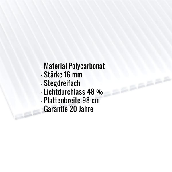 Polycarbonat Stegplatte | 16 mm | Breite 98 cm | Opal Weiß | 2-Seiten UV-Schutz | 6,00 m