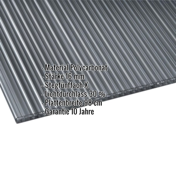 Polycarbonat Stegplatte | 16 mm | Breite 98 cm | Graphit | X-Struktur | 4,00 m