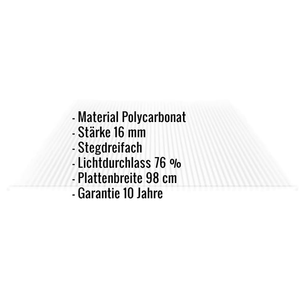 Polycarbonat Stegplatte | 16 mm | Breite 98 cm | Klar | 2,50 m