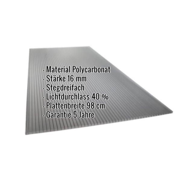 Polycarbonat Stegplatte | 16 mm | Breite 98 cm | Anthrazitgrau | Novalite | 7,00 m