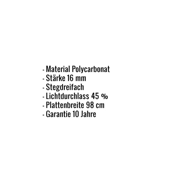 Polycarbonat Stegplatte | 16 mm | Breite 98 cm | Opal Weiß | 7,00 m