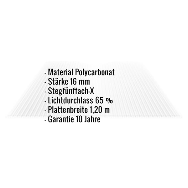 Polycarbonat Stegplatte 16 mm, klar, mit eingeblendeten Eckdaten zu Material, Stärke, Lichtdurchlass und Garantie