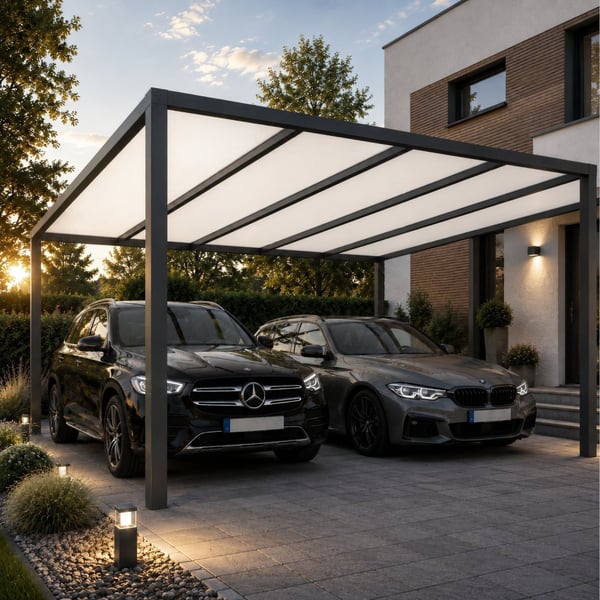 Modernes Carport mit Polycarbonat Stegplatten 16 mm Opal-Weiß als Dach, zwei Autos darunter