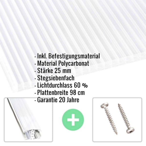 Polycarbonat Stegplatte 25 mm klar mit eingeblendeten Eckdaten und Befestigungsmaterial