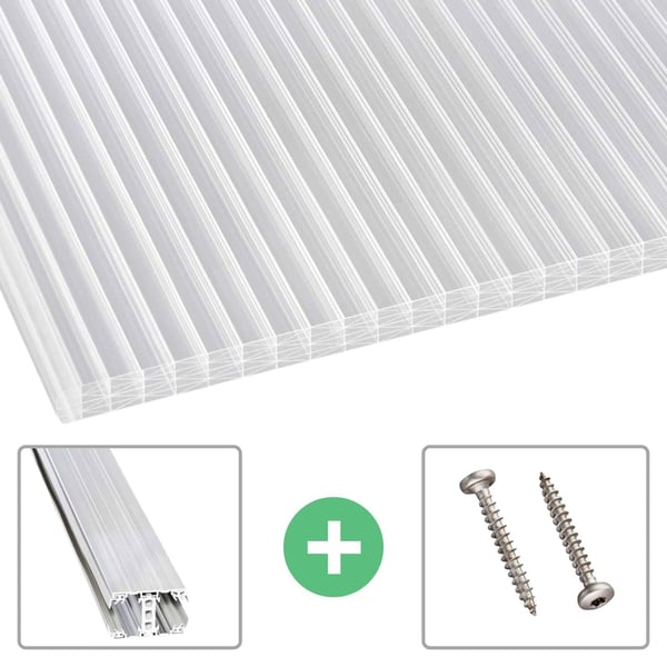 Polycarbonat Stegplatte 25 mm klar, Aufsatzprofil und zwei Schrauben als Sparpaket
