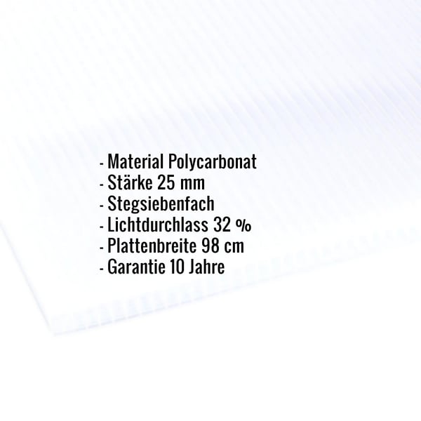 Polycarbonat Stegplatte 25 mm opal-weiß, Eckdaten wie Material, Stärke und Lichtdurchlass als Text eingeblendet